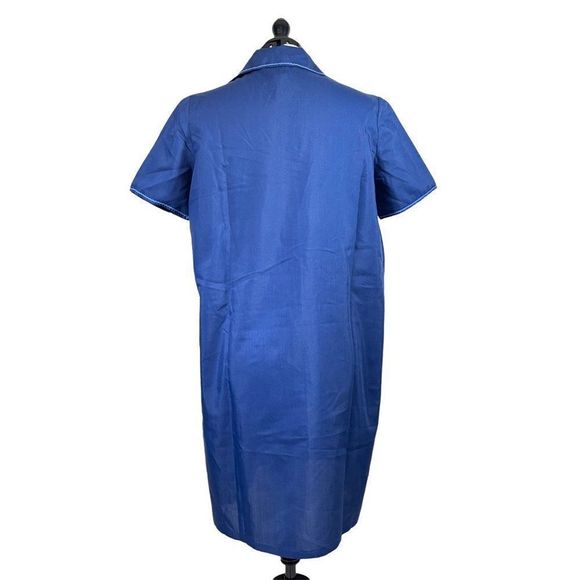 70s Vintage Blue Lightweight Short Sleeve Button Front House Dress with Pockets - Picture 2 of 4